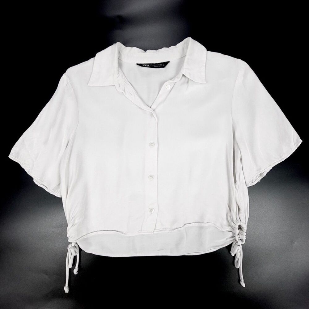 ZARA Oversized Short Sleeve Button Down Shirt Ruched Crop Top Minimal Boho White
